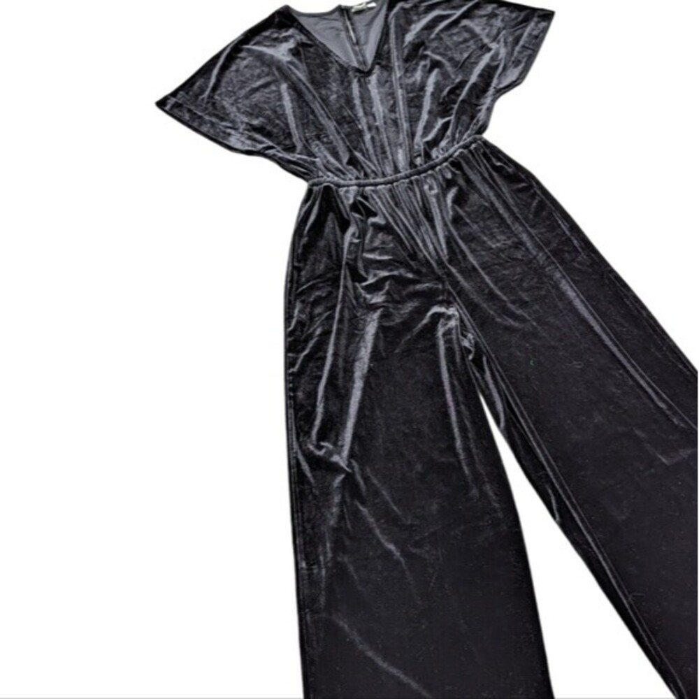 Vintage Y2K Gap Small Black 90s Crushed Velvet Short‎ Sleeve Jumpsuit Mob Wife - Picture 2 of 7